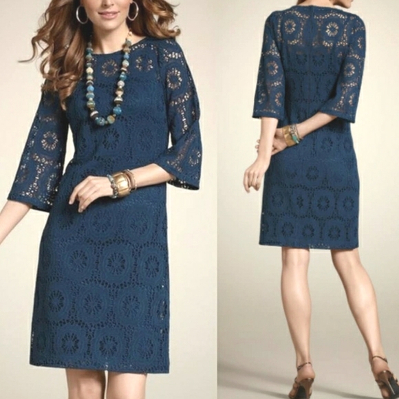 💐 CHICO'S Camille Crochet Lace Dress Bell Sleeves Peacock Blue Teal - Picture 3 of 15